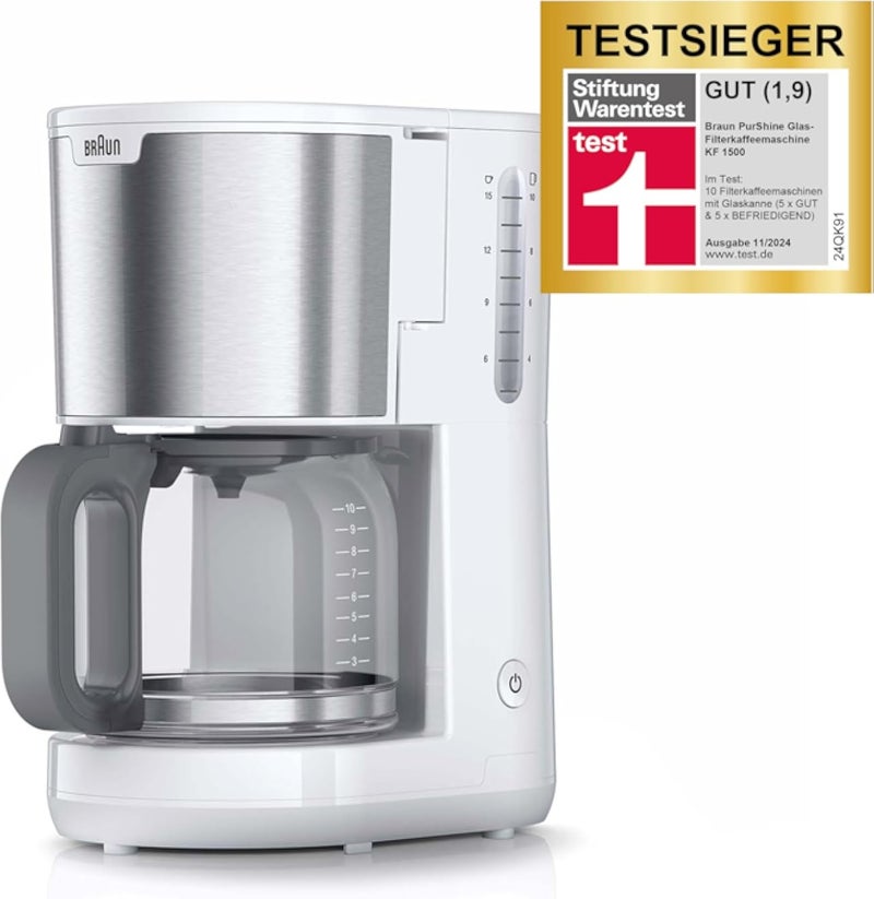 ماكينة تحضير القهوة براون المنزلية PurShine KF1500 WH، مزودة بإبريق زجاجي يتسع لـ 10 أكواب، ونظام OptiBrew، وخاصية الإيقاف التلقائي، بقوة 1000 واط، لون أبيض